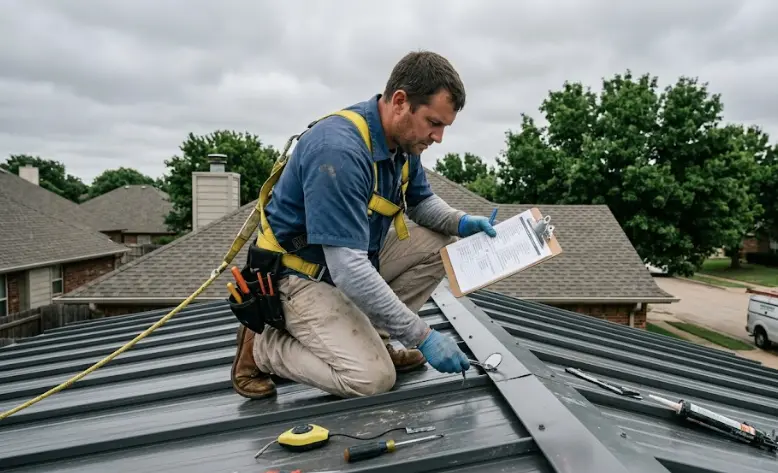 Roof inspection Broadview Heights OK contractor checking metal panels
